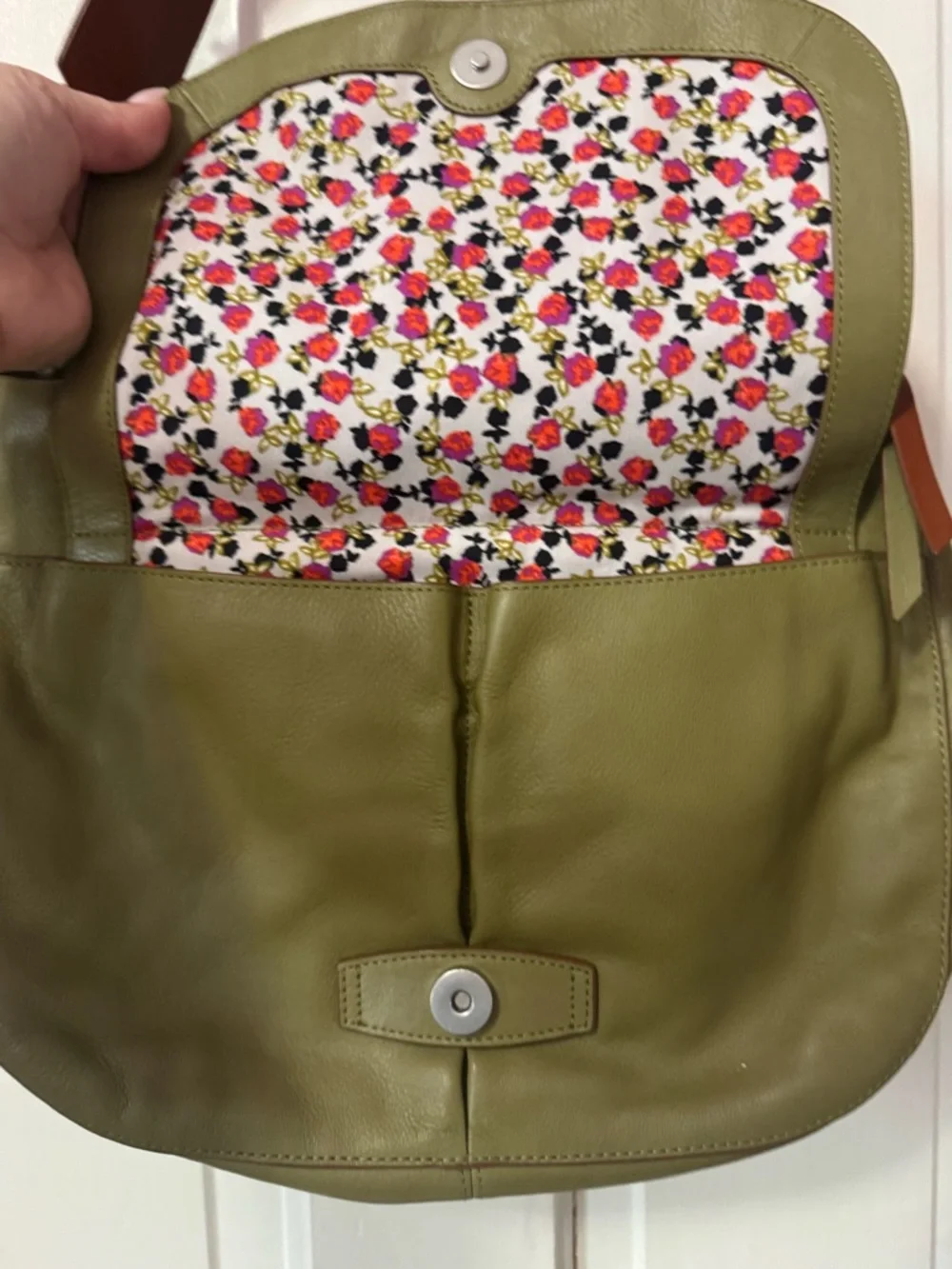 Vera Bradley Olive Leather Hobo Shoulder Bag with Brown Strap